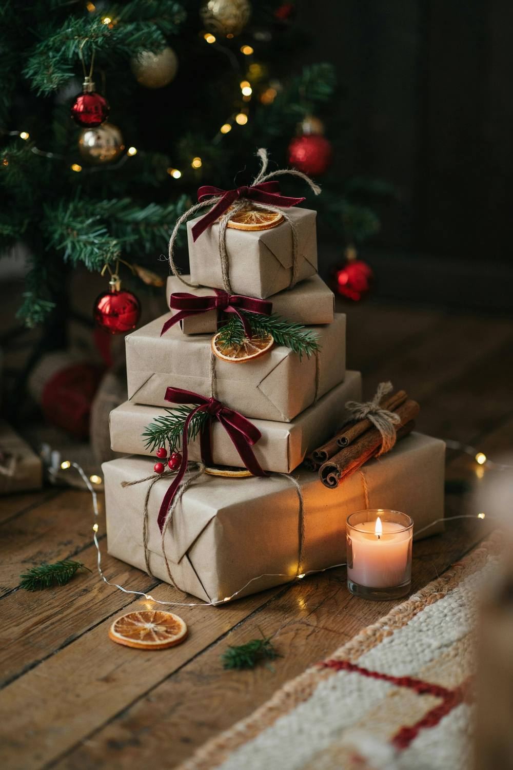 Illustration of a stack of kraft paper gifts tied with burgundy ribbon and dried orange slices under a lit Christmas tree, with a candle on a wood floor